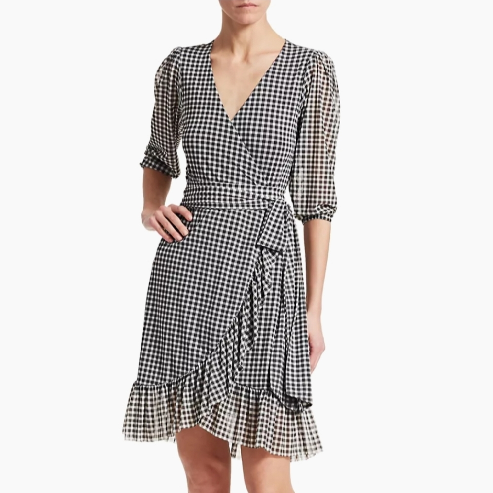 Ganni Printed Mesh Wrap Dress Women's Eu 36 US 4 / S Gingham Checkered
